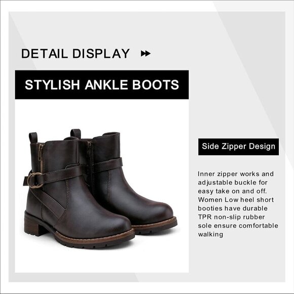 Women's 9682 Brown Ankle Flat Boots Buckle Short Booties for Women's - Picture 5 of 7